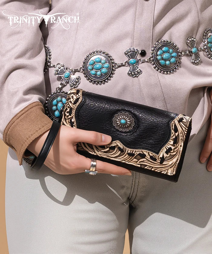 Trinity Ranch Floral Tooled Concho Wallet Black