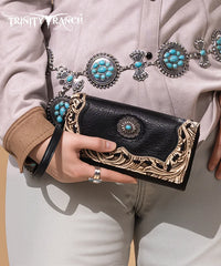 Trinity Ranch Floral Tooled Concho Wallet Black
