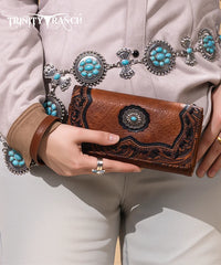 Trinity Ranch Floral Tooled Concho Wallet Brown