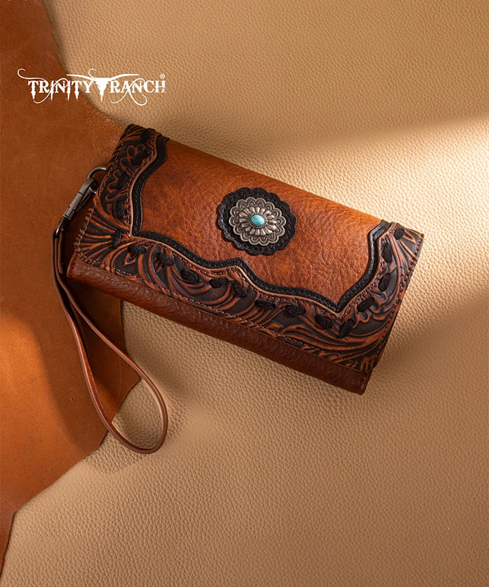 Trinity Ranch Floral Tooled Concho Wallet Brown