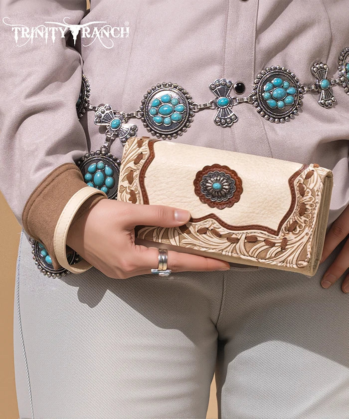 Trinity Ranch Floral Tooled Concho Wallet Tan