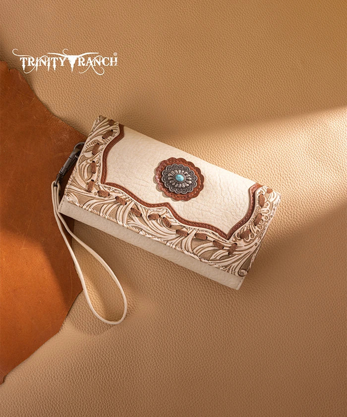 Trinity Ranch Floral Tooled Concho Wallet Tan