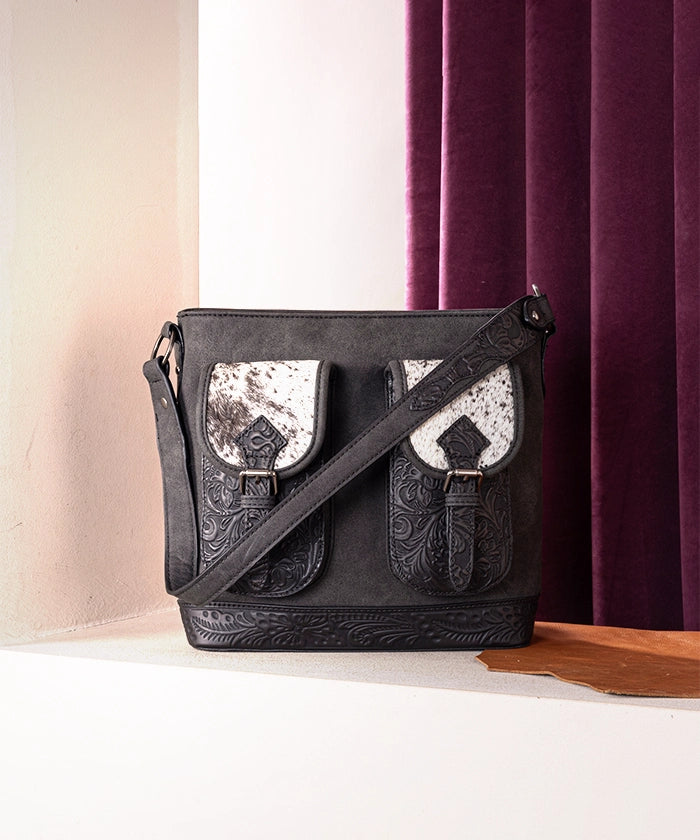 Trinity Ranch Hair-on Cowhide Tooled Concealed Carry Shoulder Bag Black