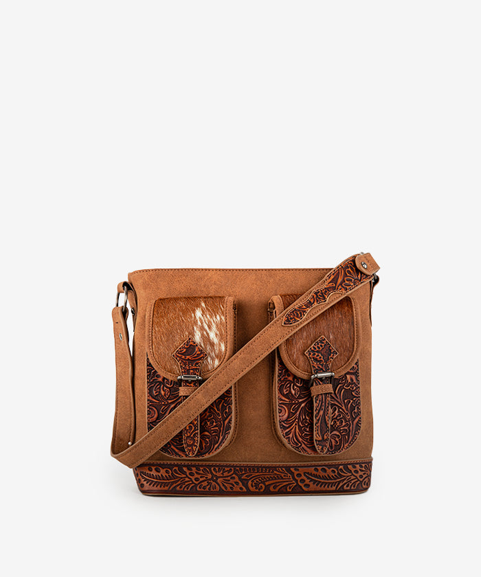 Trinity Ranch Hair On Cowhide Tooled Crossbody Purse Brown