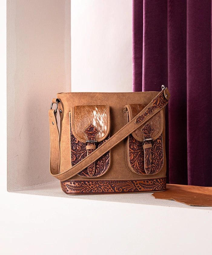 Trinity Ranch Hair-on Cowhide Tooled Concealed Carry Shoulder Bag Brown