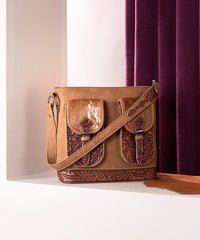 Trinity Ranch Hair-on Cowhide Tooled Concealed Carry Shoulder Bag Brown