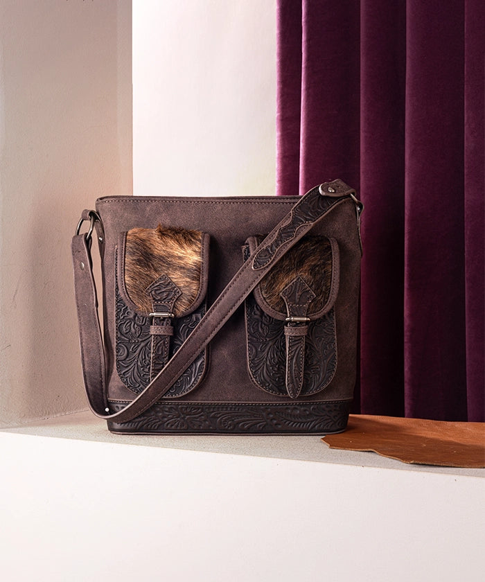 Trinity Ranch Hair-on Cowhide Tooled Concealed Carry Shoulder Bag Coffee