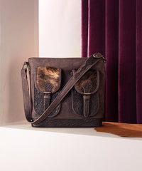 Trinity Ranch Hair-on Cowhide Tooled Concealed Carry Shoulder Bag Coffee
