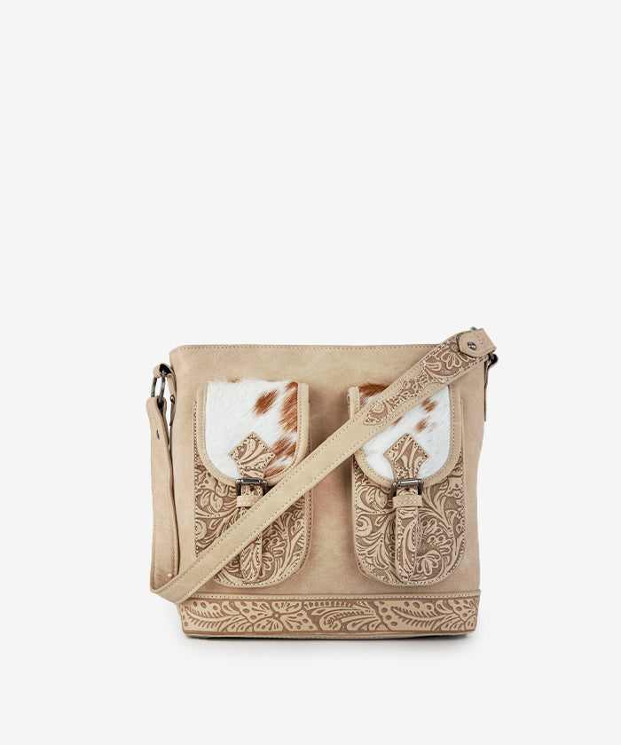 Trinity Ranch Hair-on Cowhide Tooled Concealed Carry Shoulder Bag Tan