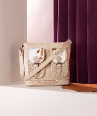 Trinity Ranch Hair-on Cowhide Tooled Concealed Carry Shoulder Bag Tan