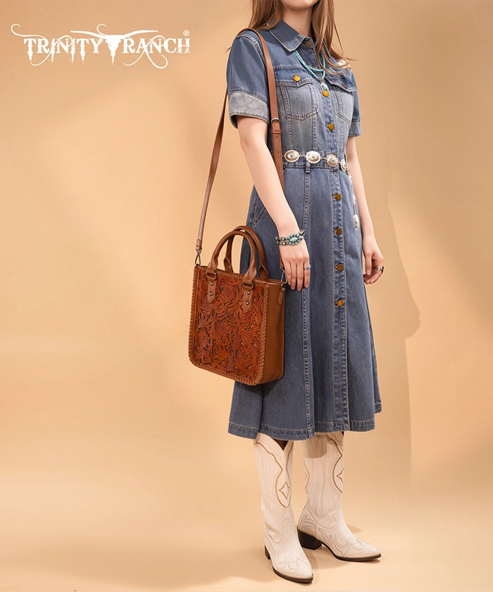 Trinity Ranch Western Floral Tooled Tote Bag Brown