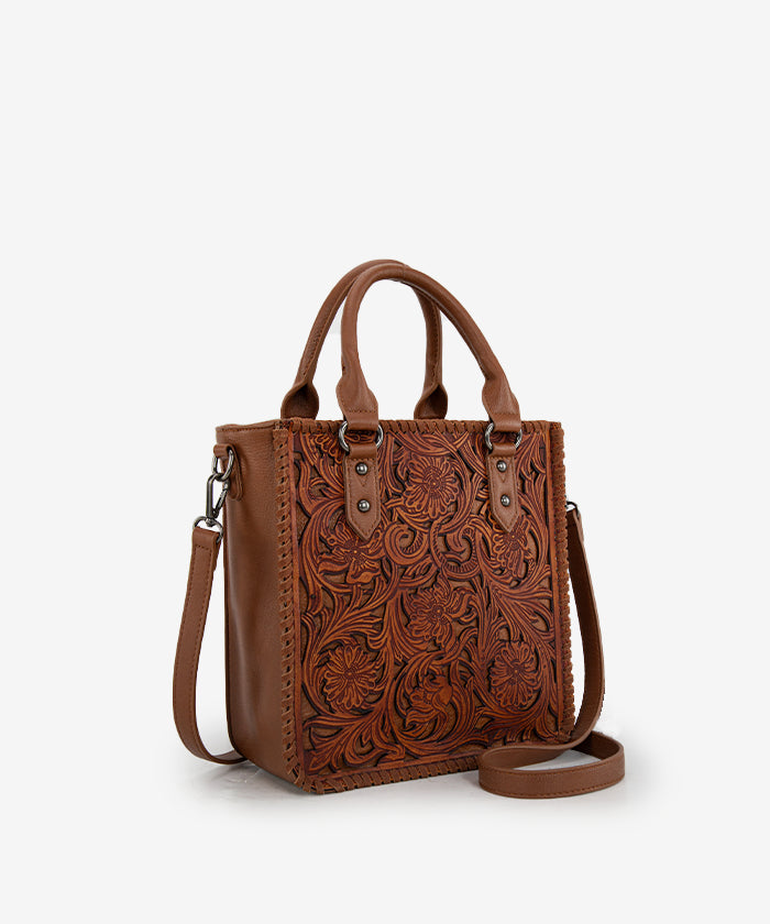 Trinity Ranch Western Floral Tooled Tote Bag Brown