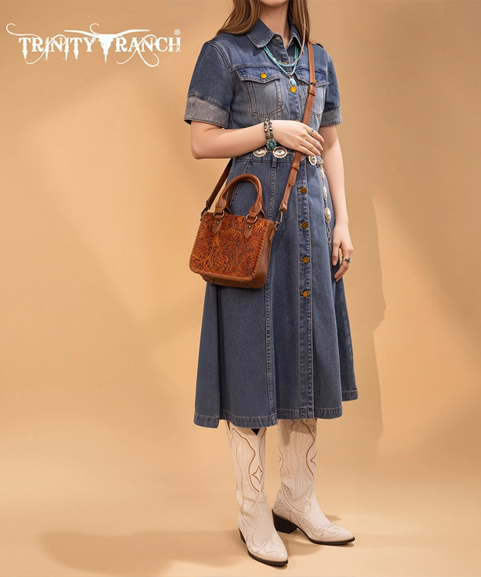 Trinity Ranch Western Floral Tooled Tote Bag Brown