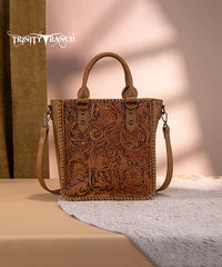 Trinity Ranch Western Floral Tooled Tote Bag Light Brown
