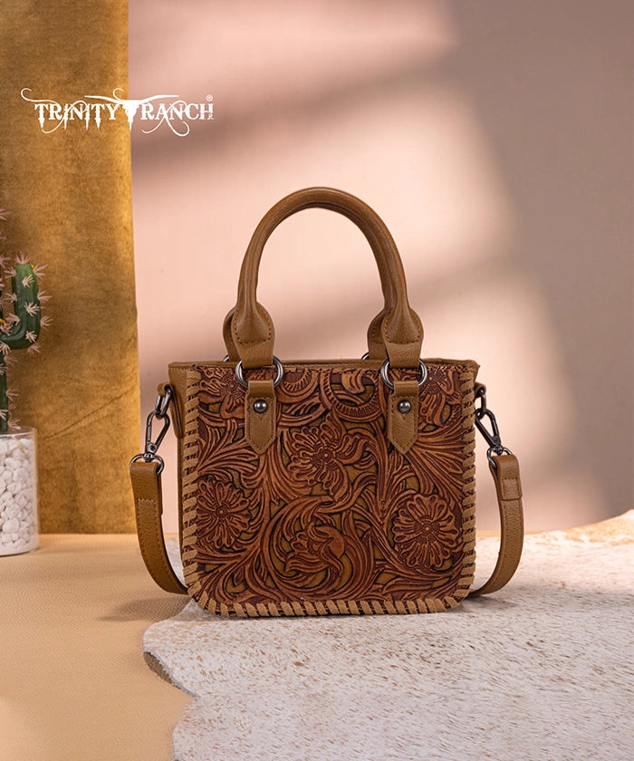 Trinity Ranch Western Floral Tooled Tote Bag Light Brown