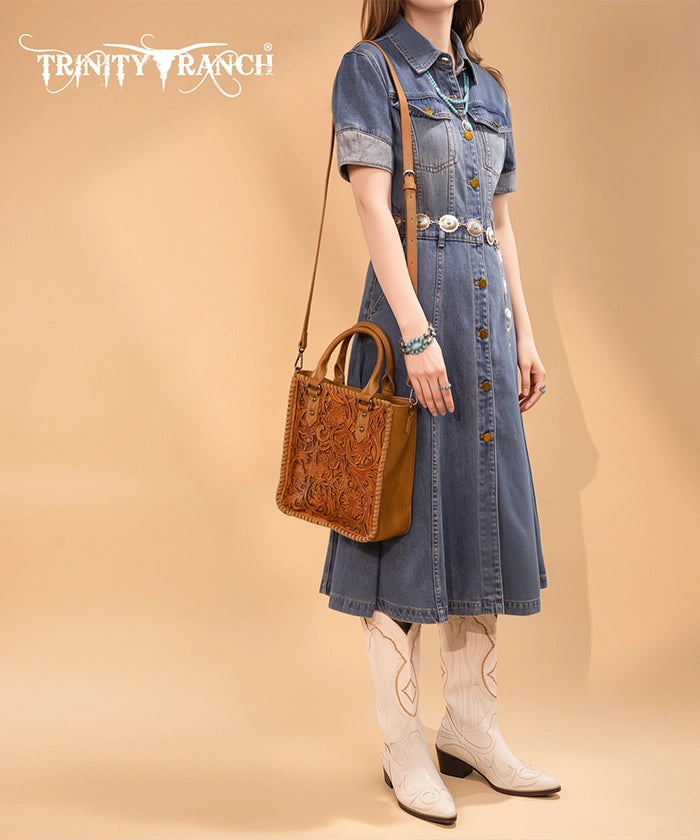 Trinity Ranch Western Floral Tooled Tote Bag Light Brown
