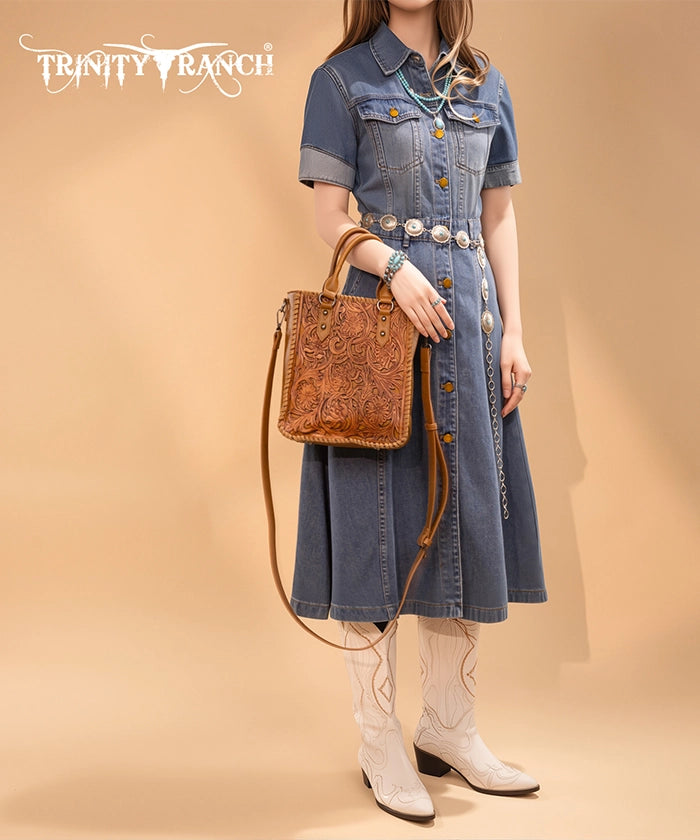 Trinity Ranch Western Floral Tooled Tote Bag Light Brown
