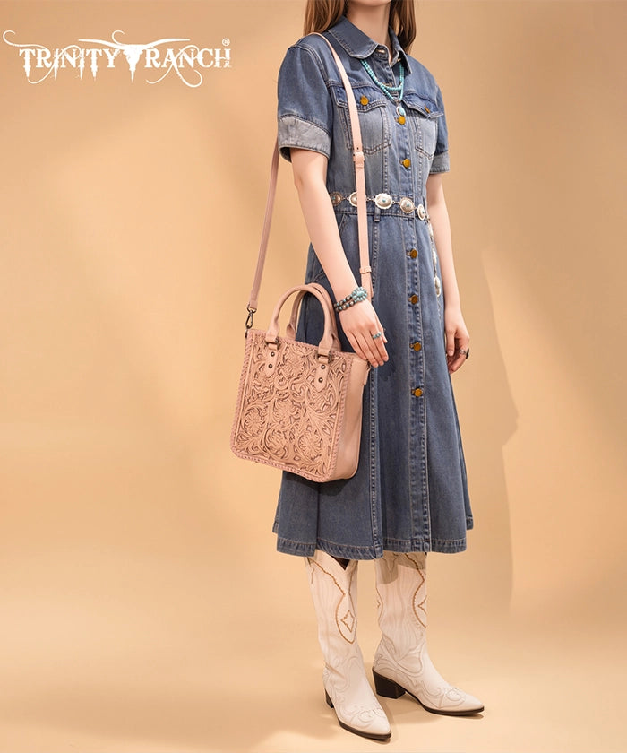 Trinity Ranch Western Floral Tooled Tote Bag Pink