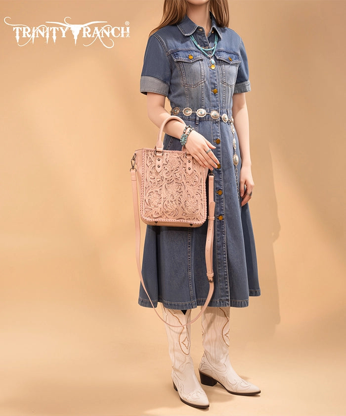Trinity Ranch Western Floral Tooled Tote Bag Pink