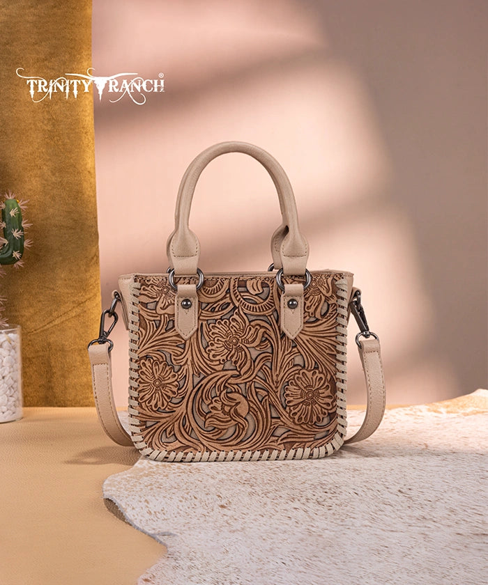 Trinity Ranch Western Floral Tooled Tote Bag Tan