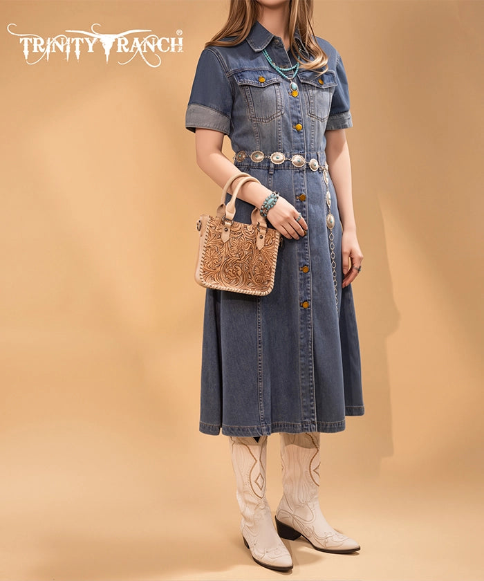 Trinity Ranch Western Floral Tooled Tote Bag Tan