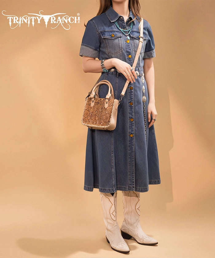 Trinity Ranch Western Floral Tooled Tote Bag Tan