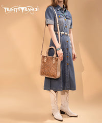 Trinity Ranch Western Floral Tooled Tote Bag Tan