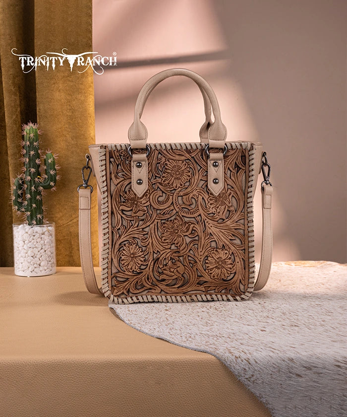 Trinity Ranch Western Floral Tooled Tote Bag Tan