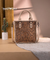 Trinity Ranch Western Floral Tooled Tote Bag Tan