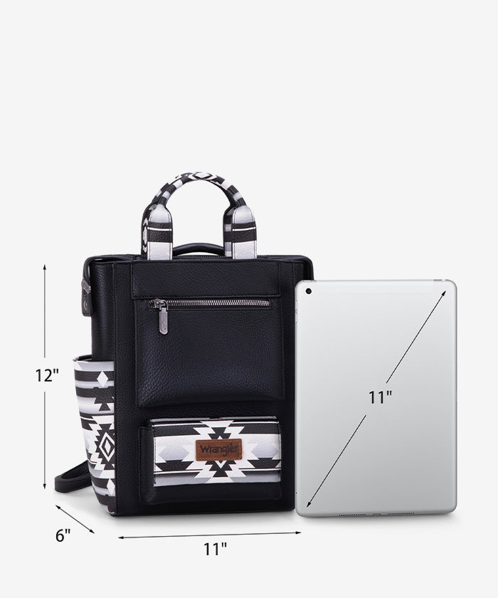 Montana West Wrangler Aztec backpack in black — textured finish, detachable straps, functional compartments