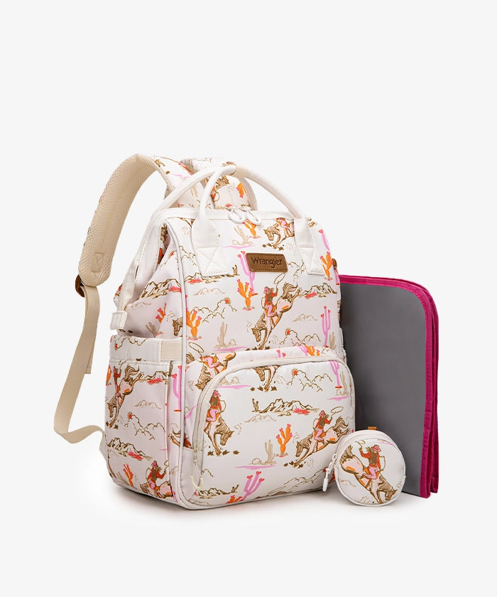 Wrangler backpack diaper bags in light pink — canvas material with geometric tribal pattern and detachable pouch