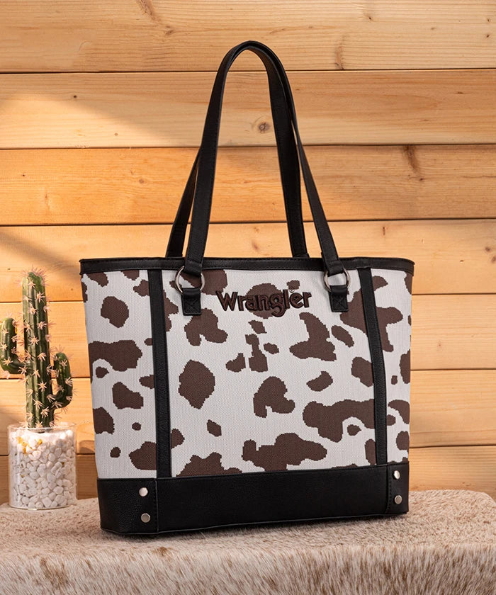 Wrangler Cowgirl Cow Print Tote Bag in Black