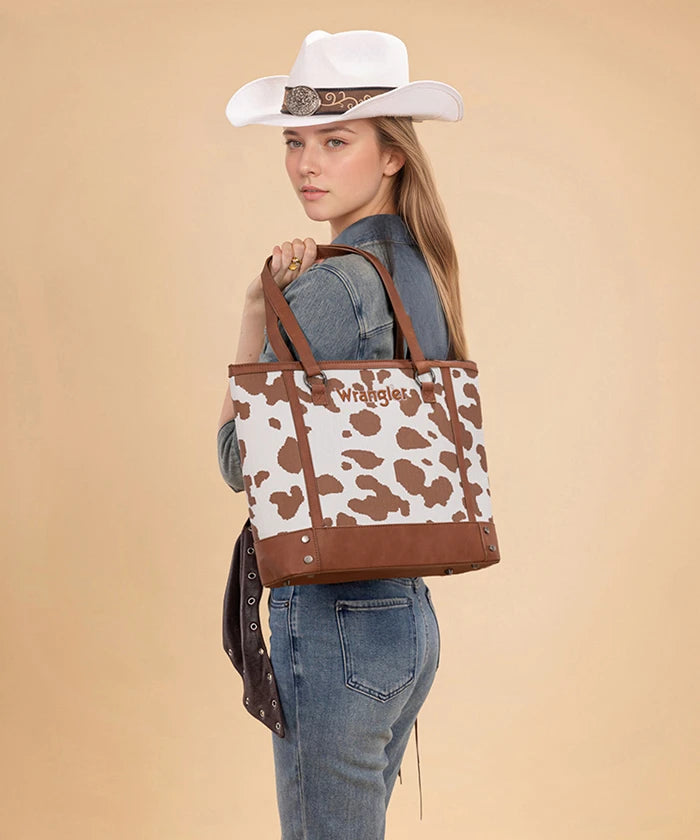 Wrangler Cowgirl Cow Print Tote Bag in Brown