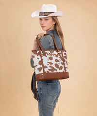 Wrangler Cowgirl Cow Print Tote Bag in Brown