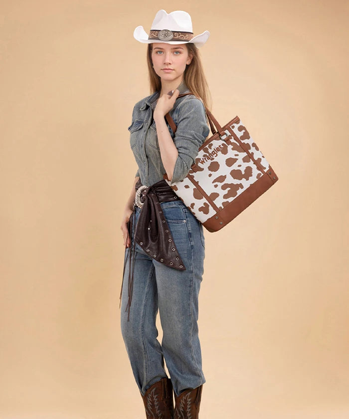 Wrangler Cowgirl Cow Print Tote Bag in Brown