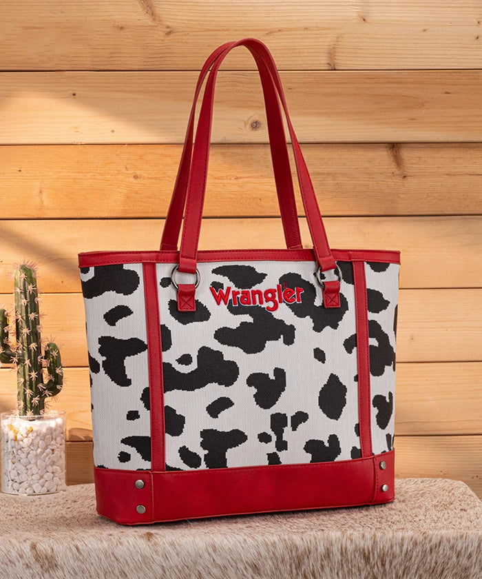 Wrangler Cowgirl Cow Print Tote Bag in Red