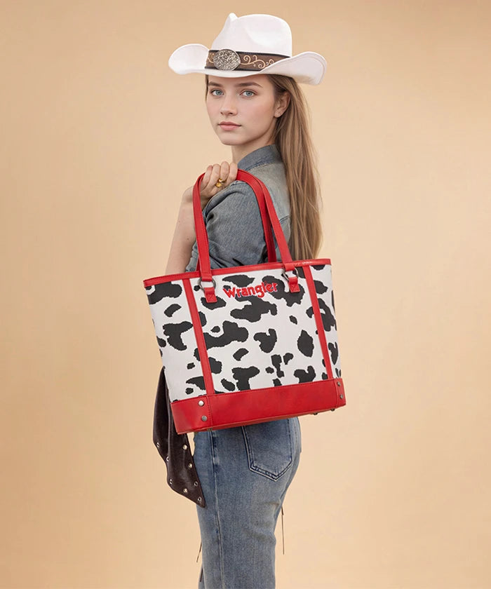 Wrangler Cowgirl Cow Print Tote Bag in Red