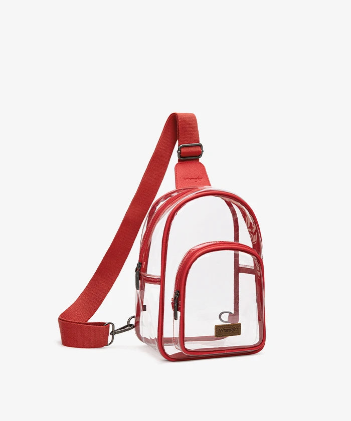 Clear sling bag with red frame and strap on a white background