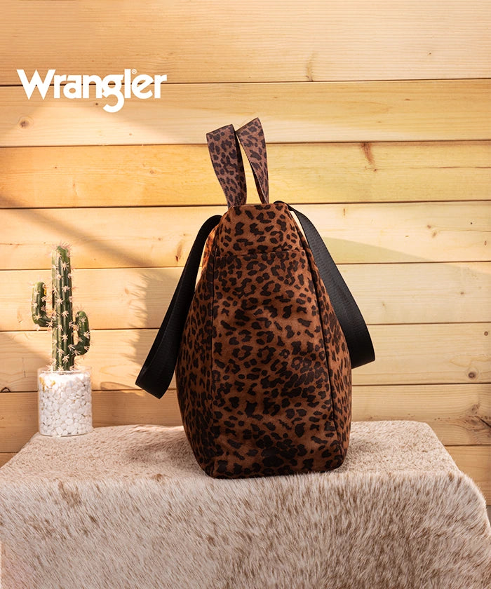 Wrangler leopard print tote bag in Brown — canvas with drawstring detail and Western logo