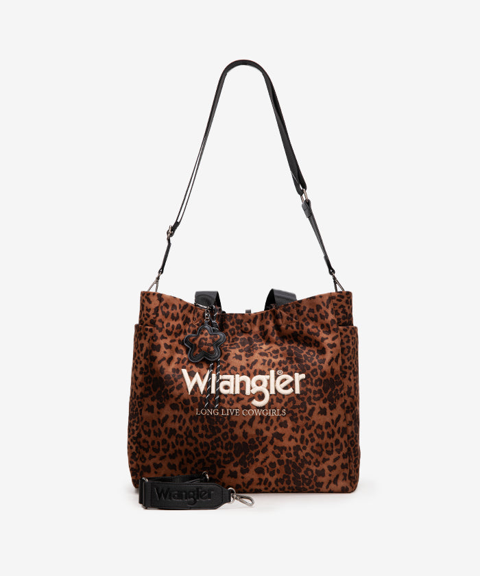 Wrangler leopard print tote bag in Brown — canvas with drawstring detail and Western logo