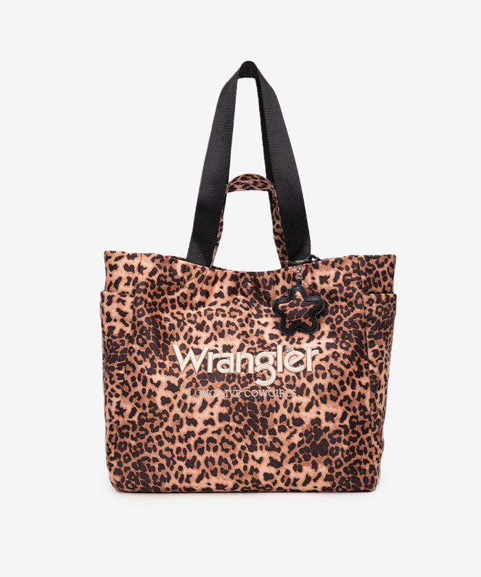 Wrangler leopard print tote bag in Leopard — canvas with drawstring detail and Western logo