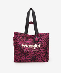 Wrangler leopard print tote bag in Purple — canvas with drawstring detail and Western logo