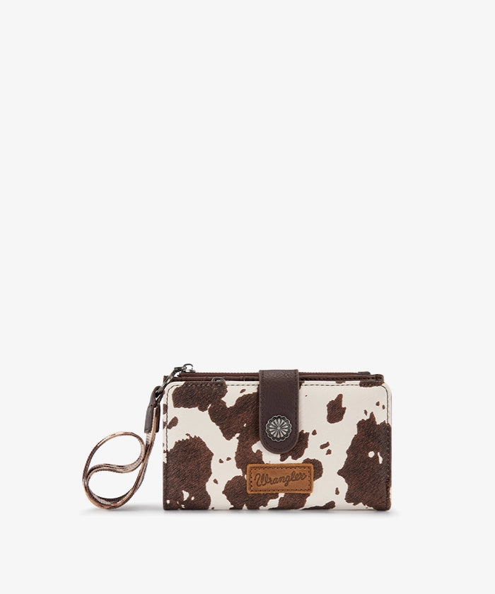 Wrangler cow-print dual pouch wristlet in CF
