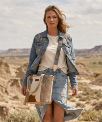 Wrangler Cowhide Fringe Concealed Carry Purse in Beige
