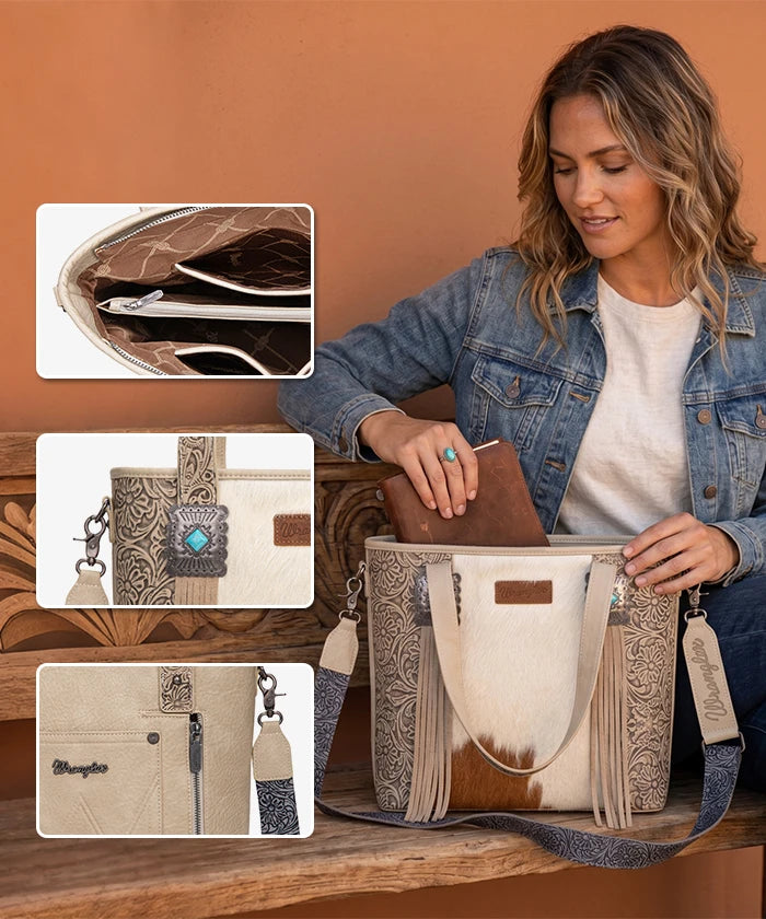 Wrangler Cowhide Fringe Concealed Carry Purse in Beige