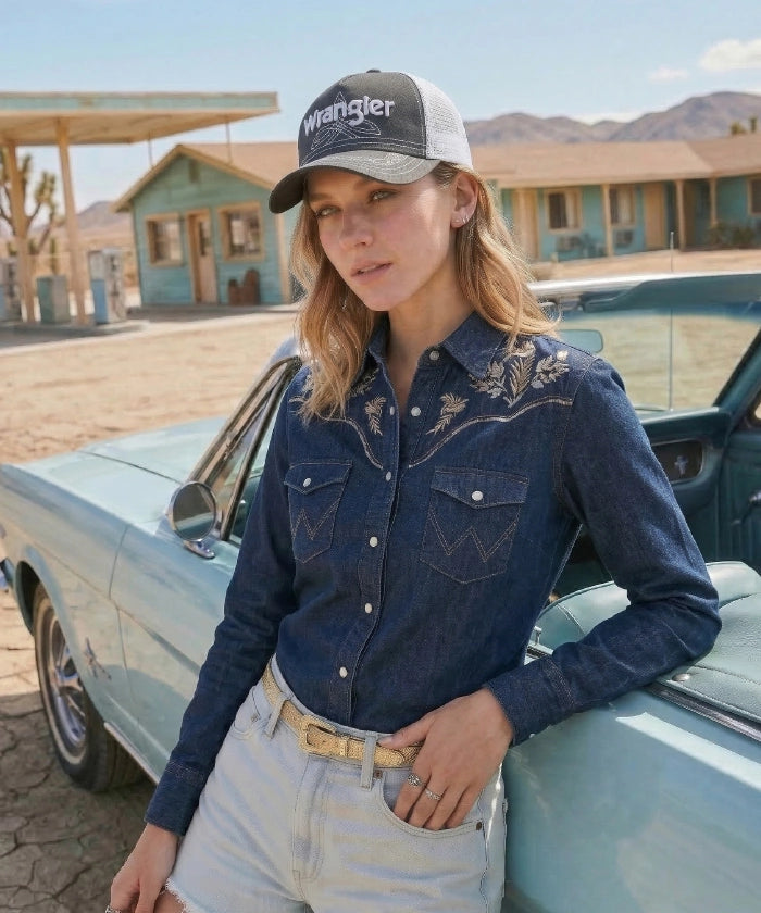 Wrangler Western Deco Stitch Mesh Back Cap in Gray