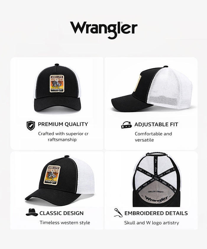 Wrangler Rodeo Long Live Cowboys Trucker Hat in Black
Wrangler Rodeo Long Live Cowboys Trucker Hat in White