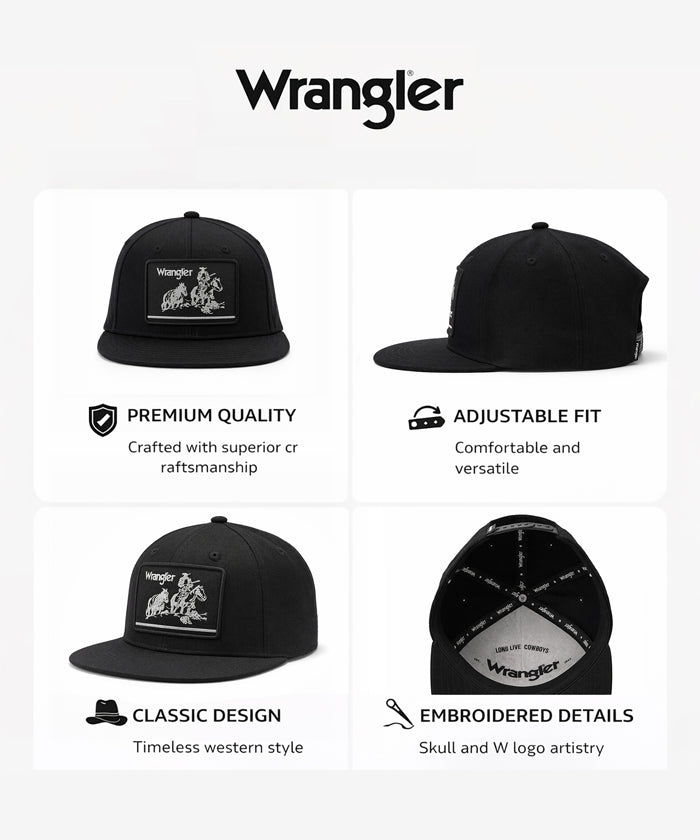 Wrangler Heritage Cowboy Patch Snapback Hat in Black
Wrangler Minimalist Logo Snapback Hat in White