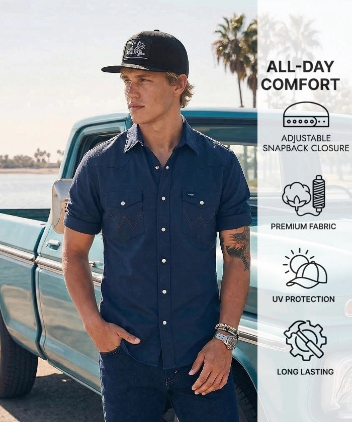 Wrangler Heritage Cowboy Patch Snapback Hat in Black
Wrangler Minimalist Logo Snapback Hat in White