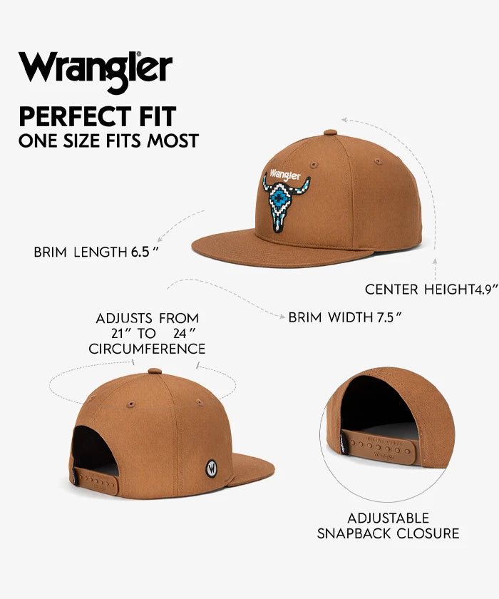 Wrangler Aztec Bull Skull Embroidery Snapback Hat in Brown
Wrangler 3D Script Logo Snapback Hat in Black